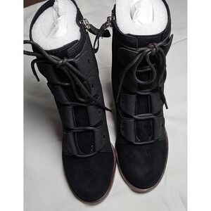 Ellen DeGeneres ED-WALLEE Black Leather‎ Ankle Boots Lace Up Block Heel 5M